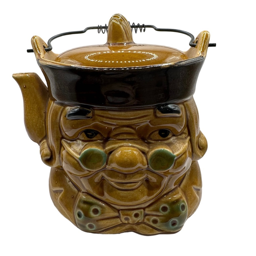 1950s Vintage Toby Colonial Teapot Face Brown Glaze Coil Wire Handle Japan CE200